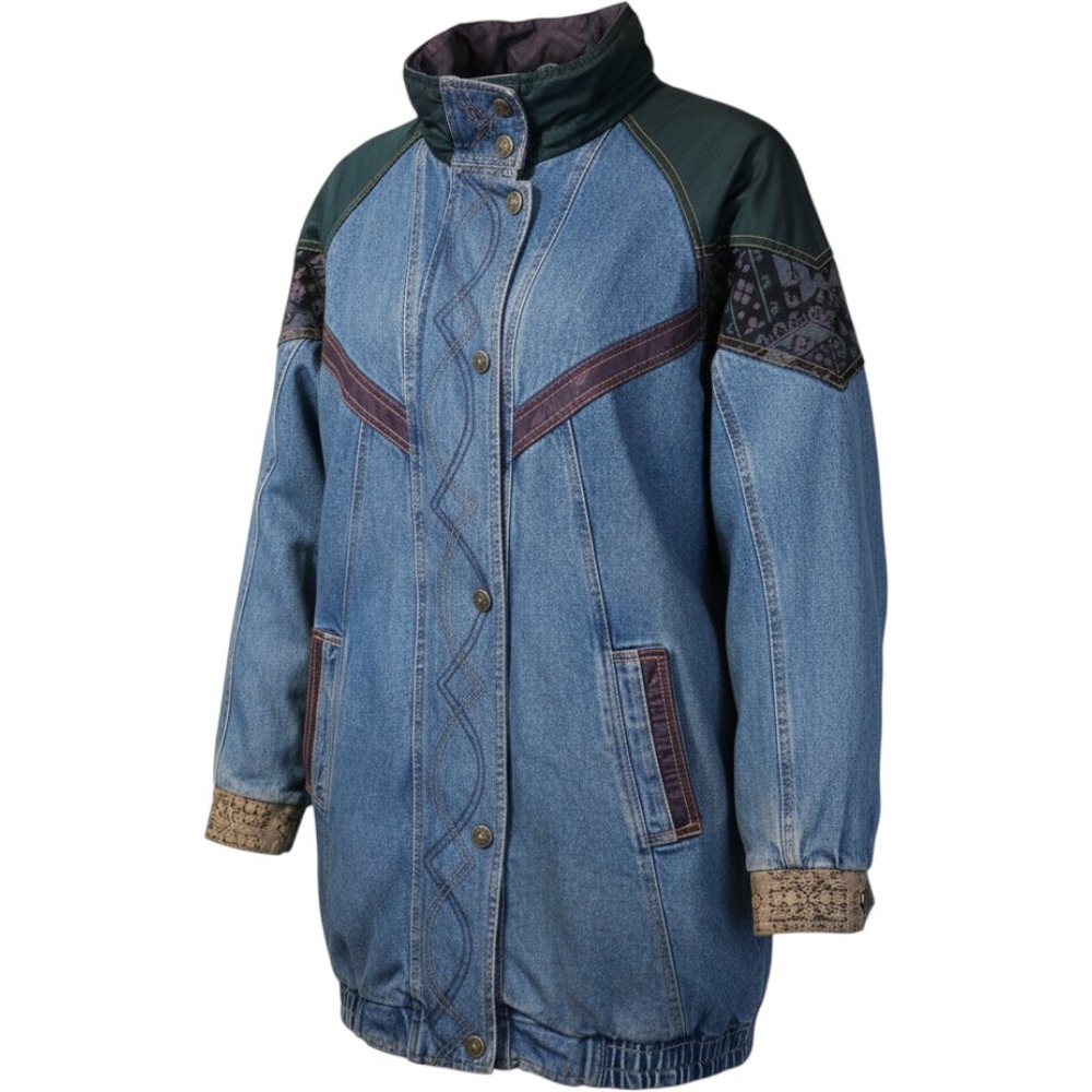 Vintage 90s Current Seen Denim Parka Jacket Womens Medium Blue Mixed Media Hood